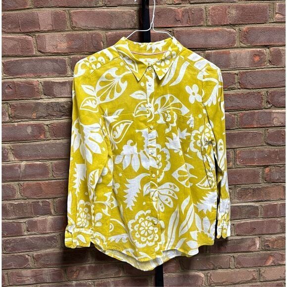 Boden Women’s Mustard Print Linen Long Sleeve Button Down Size 8R - Picture 2 of 6